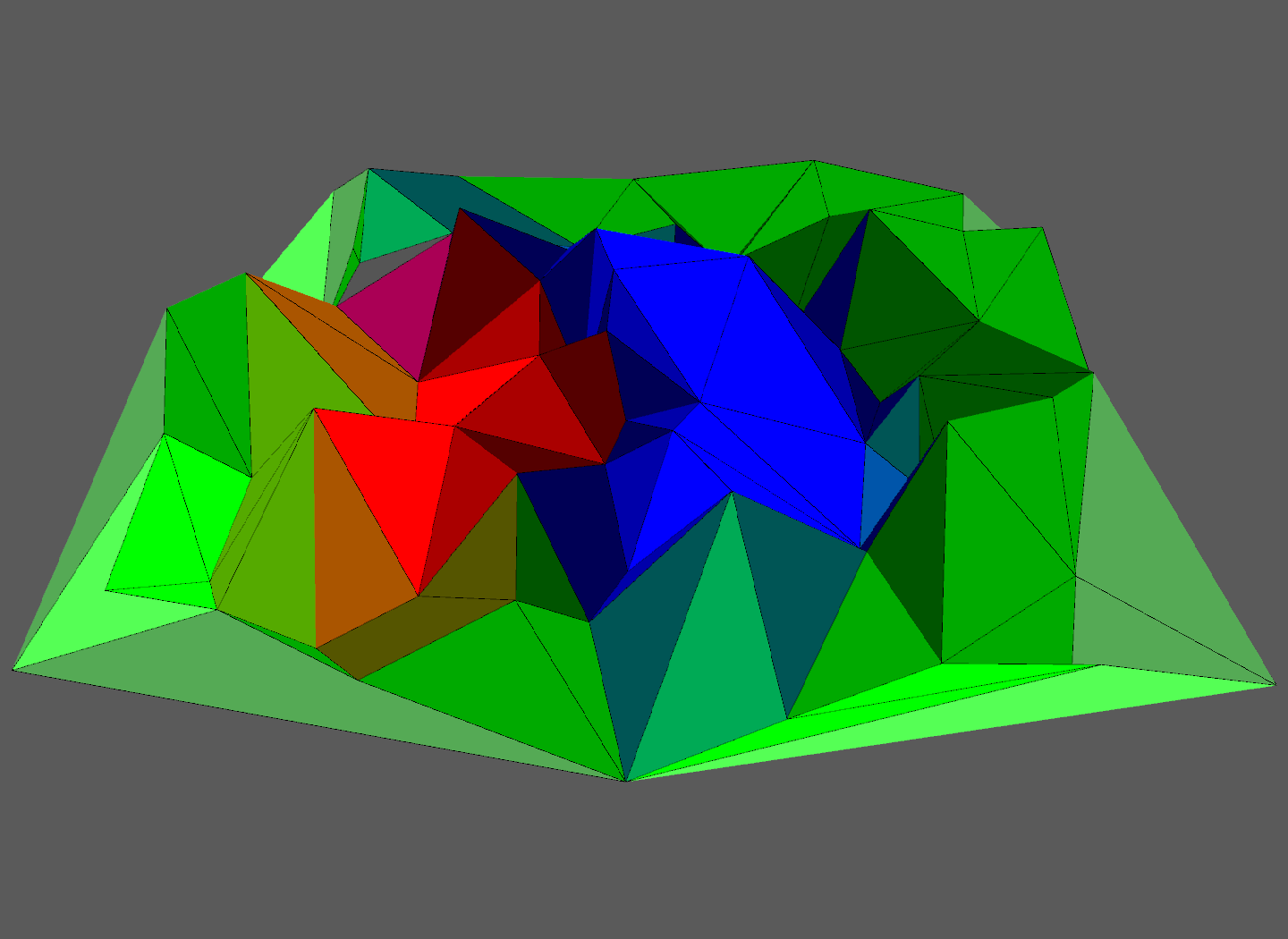 3D rendering of multi-colored, pyramidal shapes.