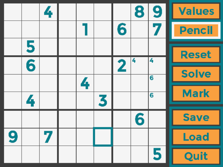 A partially filled sudoku board with an adjacent interface for managing the puzzle.
